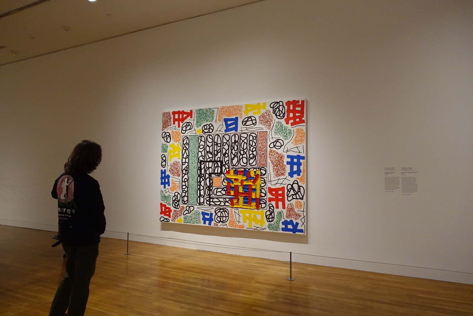 A person admires a piece of abstract art on a wall