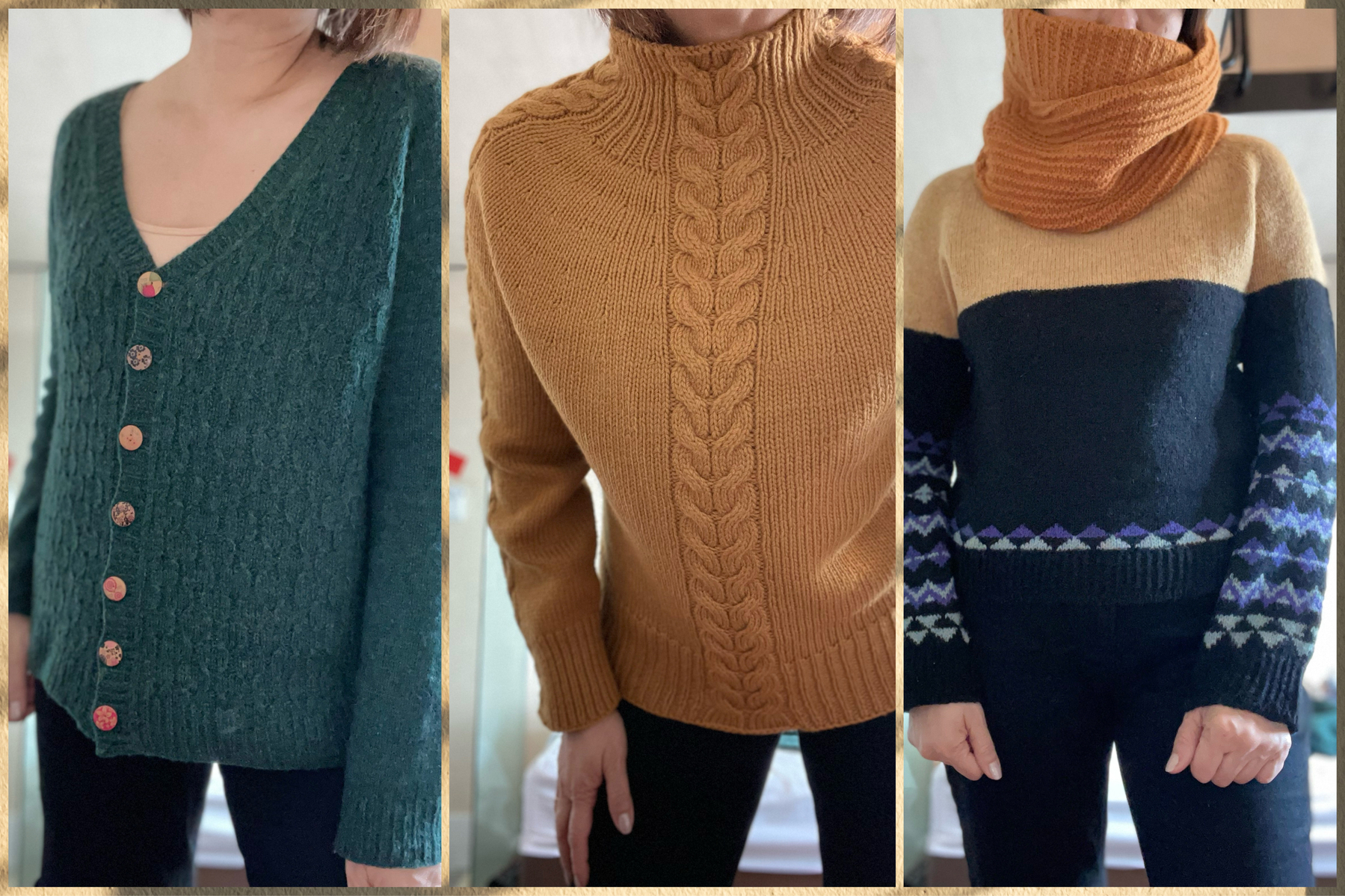 A collage of three sweaters and an accessory that I knitted for myself