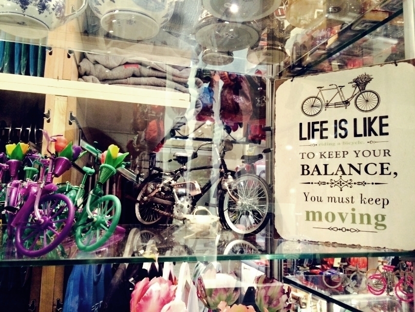 A shelf bearing miniature bicycles among other things and a sign next to them with the words, LIFE IS LIKE RIDING A BICYCLE. TO KEEP YOUR BALANCE, YOU MUST KEEP MOVING.